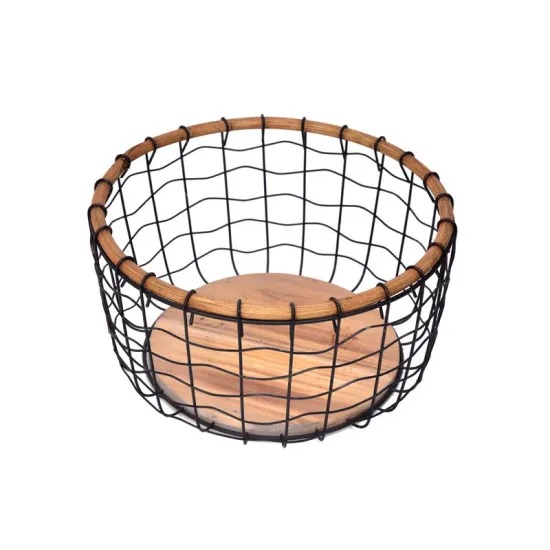EISHO Stackable Circular Metal Wire and Wood Basket Set
